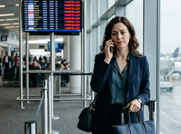 Woman at an airport gate calling customer service about a cancelled flight